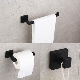 GERZWY Bathroom Hardware Accessories Sets SUS304 Stainless Steel Bath Shower Set 3-Pieces(Robe Hook Toilet Paper Holder Towel Bar) Contemporary Style, Matte Black IG18567-3BK