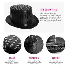 Adults Black Sequin Top Hat - Black Satin With Black Sequins on Top - Perfect for Magical Shows, Stage Productions, Ringmaster Hat, Hen Night and Other Fancy Dress Events - Pack Of 1