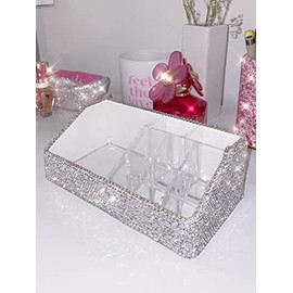 TISHAA Bling Dazzling Stylish Rhinestone Makeup Lipstick Organizer for Desk, Vanity (White Large)