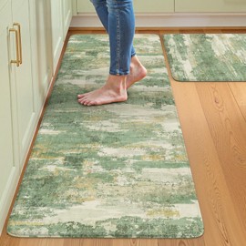 Collive Kitchen Mats for Floor Anti Fatigue, Green Abstract Non Skid Kitchens Sink Rug 2 Piece Waterproof, Memory Foam Comfort Standing Mat for Laundry, Desk, Home Office, 20" x 47" + 20" x 32"