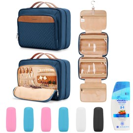 COOSKY Bolsa de aseo colgante de viaje para mujer, sostiene champú de tamaño completo, con compartimento organizador de joyas, bolsa de maquillaje extragrande, bolsa de cosméticos impermeable, juego de artículos de cambiador, Azul marino (Neceser con 6 f