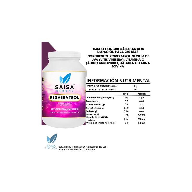 Resveratrol 500 Cáp Semilla De Uva Y Vitamina C Saisa