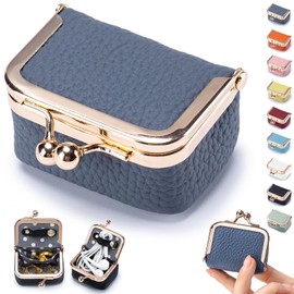 Genuine Leather Mini Jewelry Box - Vintage-Inspired Travel Jewelry Organizer with Kiss Lock, Compact Ring Box for Women, Perfect for Earrings, Rings, Necklaces, Bracelets - Ideal Gift for Her (Blue)