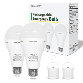 ORALUCE Emergency Rechargeable Light Bulbs 60 Watt, Cool White 6500K Battery Powered Light Bulb E26 Base, LED Battery Operated Light Bulb Long Lasting for Lamps, Power Outage, Sconces, 2 Pack
