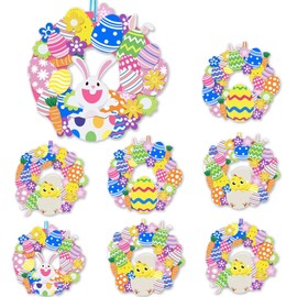Easter Wreaths For Front Door,8Pcs DIY Artificial Spring Easter Wreath Signs Decorations Outside Indoor Easter Bunny Rabbit Egg Carrot Flowers Foam Wreath With Ribbons For Door Farmhouse Home Wall