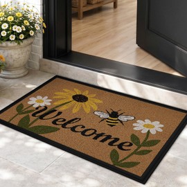 Color&Geometry Welcome Mat, 17x30 Front Door Mat Outside Entrance, Heavy Duty Non Slip Entry Mats, Entryway Doormat Dirt Trapper for Patio Garage Porch Home Decorative, Bee and Flower