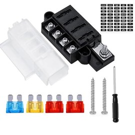 4-Way Blade Fuse Block 12 V Fuse Holder Fuse Carrier with 4 x Standard Blade Fuses (5A 10A 10A 15A) for Automobile, Car, Truck, Boat, Marine, Motorhome
