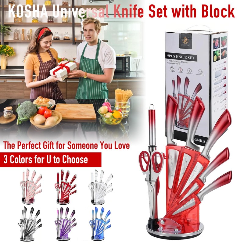 KOSHA Kitchen Knife Set, 9 Piece Knife Set with Block,