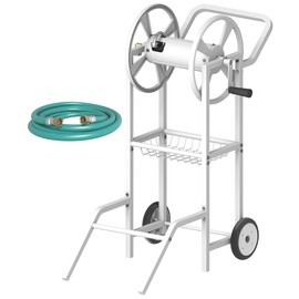 Artigarden Hose Reel Cart with 2 Wheels, Garden Water Hose Holder Heavy Duty Powder Coated Steel Outdoor Winder Storage Holds 125 ft 5/8" Hoses with Basket and 3.9ft Leader Hose for Backyard, White