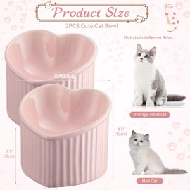 Mumufy Ceramic Heart Shaped Cat Bowls, 2 Pcs, 5.51 x 4.72 in, Pink, Suitable for Multiple Pets, Indoor Use