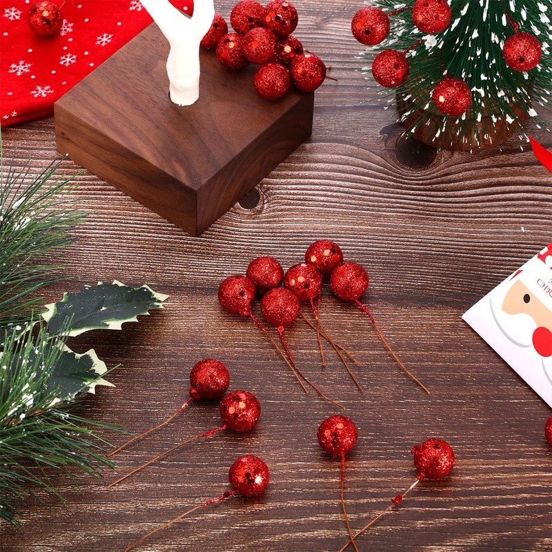 100pcs Christmas Glittering Red Berry Artificial Red Holly Berries,Artificial Fruits