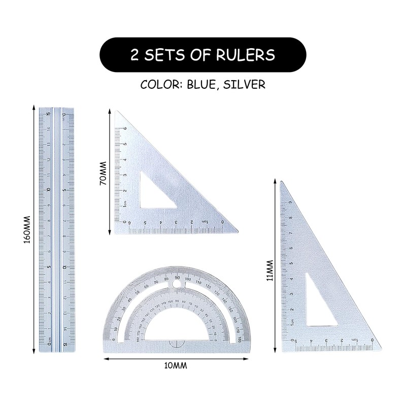 8-Piece Metal Ruler Set, Drawing Ruler Set, Ruler, Protractor, Set