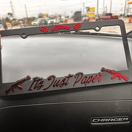 “Its Just Paper” License Plate Covers:_Metallic Red
