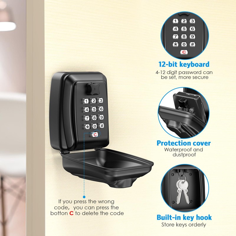 AMIR Key Lock Box for Outside, Wall Mounted Lockbox, 12-Digit