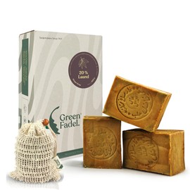 Green Fadel Aleppo Soap - Elegant - 20% Laurel Oil, 80% Olive Oil, 3 x 200 g, Includes Soap Bag, Handmade, Vegan, Pure Natural Soap, for Face and Body, Hand Soap, Shower Soap, Natural Product