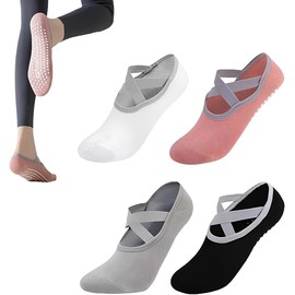 4 Pairs Pilates Grip Socks for Women,Short Non-Slip Yoga Socks with X-Cross,Cotton Womens Ankle Socks Ideal for Pilates, Dance,Ballet, Home Workout-One Size