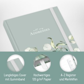 paper&you® Address Book A6+ with A-Z Index "Minty Leaves" Book for Contacts, Birthdays & Passwords - Sustainable & Climate Friendly