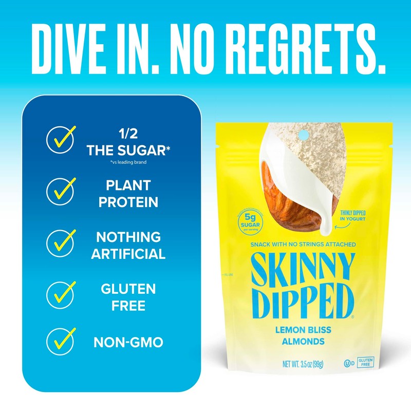 SkinnyDipped Lemon Bliss Yogurt Covered Almonds, Healthy Snack, Plant Protein,
