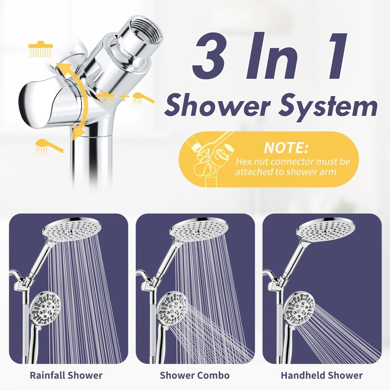 HOWUWEY Modern Dual Shower Head with Handheld Spray, 7.5" Rainfall