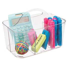 mDesign Plastic Small Office Storage Organizer Utility Tote Caddy Holder with Handle for Cabinets, Desks, Workspaces - Holds Desktop Office Supplies, Pencils, Staplers - Lumiere Collection - Clear