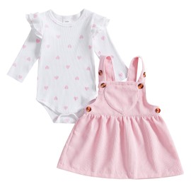 Nicoxijia Newborn Baby Girl Valentine's Day Skirt Outfits Heart Print Ribbed Romper Corduroy Suspender Dress 2Pcs Skirt Set (Pink, 3-6 Months)