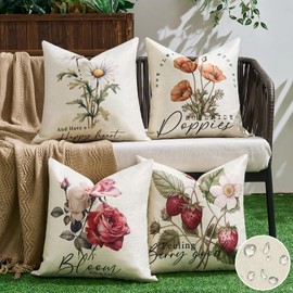 Dorunfeey Set of 4 Outdoor Cushion Covers, Waterproof Flowers, 40 x 40 cm, Waterproof Cushion Cover, Square Decorative Cushion, Sofa Cushion, Country House Style Cushion Decoration for Sofa