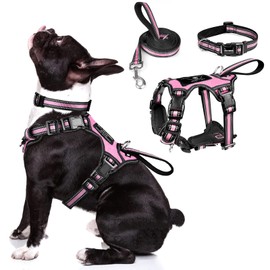 WINSEE Pet Harness Collar and Leash Set, All-in-one Reflective Dog Harness No Pull with Adjustable Buckles for Puppies, Small, Medium, Large, and Extra-Large Dogs (Medium, Pink)