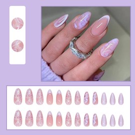 24 Pcs Purple Press on Nails Short Almond - SHANRUN Spring Fake Nails Press ons Nail Art Tip Glue on Nails Full Cover Summer Acrylic French False Nails with Cat's Eye Design Stick on Nails for Women
