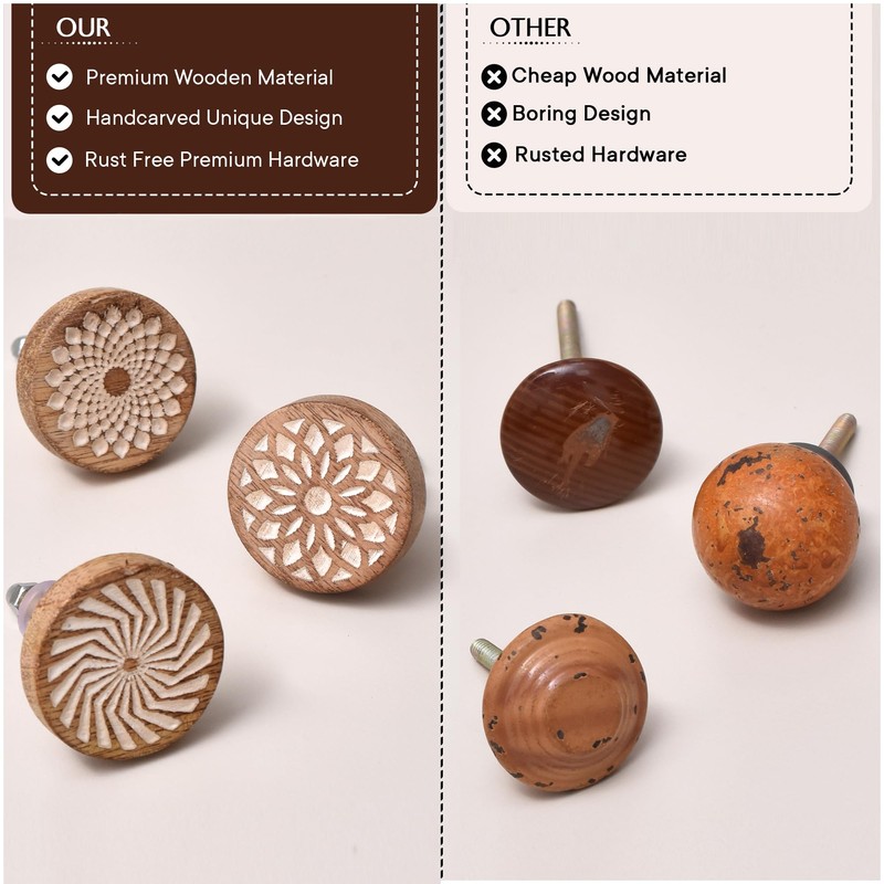 Indian Shelf 6 Pieces Boho Wooden Drawer Knobs - Brown