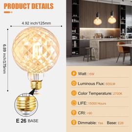 SD LUX Decorative Light Bulbs Vintage LED Edison Bulb 6W 600LM (60W Equivalent) dimmable G40 Globe CRI>90 Medium Base E26 Warm White 2700k, (125BL, 2 Pack)