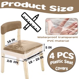 4 Pack Plastic Seat Covers, Plastic Chair Covers for Dining Room Chairs, Stain, Water and Kitty Scratch Resistant Clear Pvc Chair Protector with Adjustable Strap for Most 18" - 20" Standard Chair