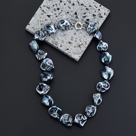 FULU AUTUMN Chunky Statement Pearl Necklace for Women White Black Baroque shell Pearl Choker Fashion Jewellery Necklace Birthday Gifts(Bright black)