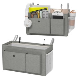 Edudif Bedside Caddy Bedside Organizer with Fixed Straps & Water Bottle Holder, Bunk Bed Caddy ideal for Home, Dorm, Hospital, Crib, Versatile Bedside Storage Solution (Grey 2pcs)