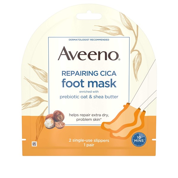 Aveeno Repairing CICA Foot Mask with Prebiotic Oat and Shea Butter, Moisturizing Foot Mask for Extra Dry Skin, 1 Pair of Single-Use Slippers (Pack of 36)