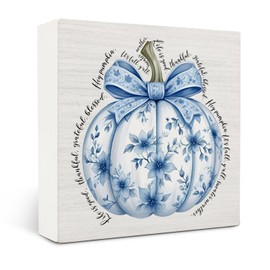 OVAcational Chinoiserie Fall Pumpkin Wooden Box Sign Desk Decor, Coquette Blue Bow Grandmillennial Autumn Pumpkin Wood Block Sign for Home Office Desk Table Shelf Wall Decorations, 5x5 Inch