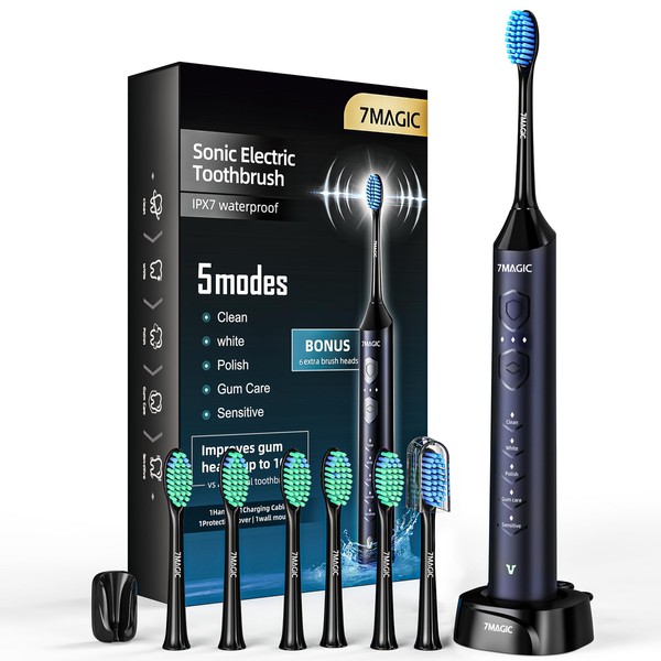Electric Toothbrush for Adults, Sonic Electric Toothbrush with 3 Intensity Levels & 5 Modes, One Charge for 60 Days, Rechargeable Toothbrush with 6 Toothbrush Heads & 40,000 VPM Deep Clean(Blue)