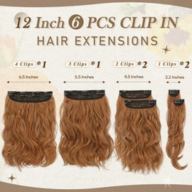 BARSDAR Short Wavy Clip in Hair Extensions - 12 Inch Ginger Clip in Hair Extensions for Women - 6PCs Thick Soft Synthetic Clip in Hairpieces Hair Extensions Daily - Medium Reddish Blonde