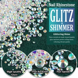 6 Sizes Transparent AB Glass Crystal Kit with Pickup Pen + Tweezer Tools for Iridescent Shine Nail Art Manicure Makeup DIY Decoration Flatback Round Rhinestone Gem Jewelry Diamond