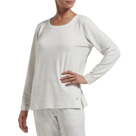 Hue Women's Solid French Terry Lounge Separates, Whitesand Heather-Long Sleeve Tee, Large