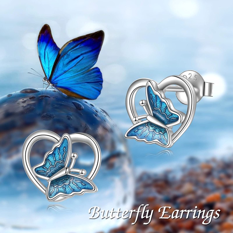 POPLYKE S925 Sterling Silver Butterfly Stud Earrings Hypoallergenic Heart Butterfly