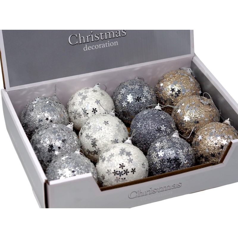 Sequin Christmas Tree Baubles - White Silver Champagne - Set