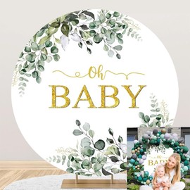 OERJU Greenery Baby Shower Round Backdrop Cover Oh Baby Sign Round Backdrop Green Eucalyptus Gender Neutral Baby Shower Newborn Birthday Party Decoration Photography Background Photo Booth Props 5ft