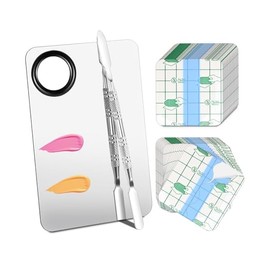 Makeup Mixing Palette Set, Makeup Hand Palette Single Use Makeup Mixing Tray Disposable Adhesive Cosmetic Makeup Palette Transparent Makeup Tape, Stainless Steel Foundation Mixing Palette with Spatula