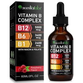 Acentiallabs Vitamin B Complex Liquid Drops (60ml/2 fl.oz) - Includes Vitamin B12, B6, B1, Niacin & Folate - Healthcare Supplement - Specification: Vitamin B Complex Drops 60ml *2