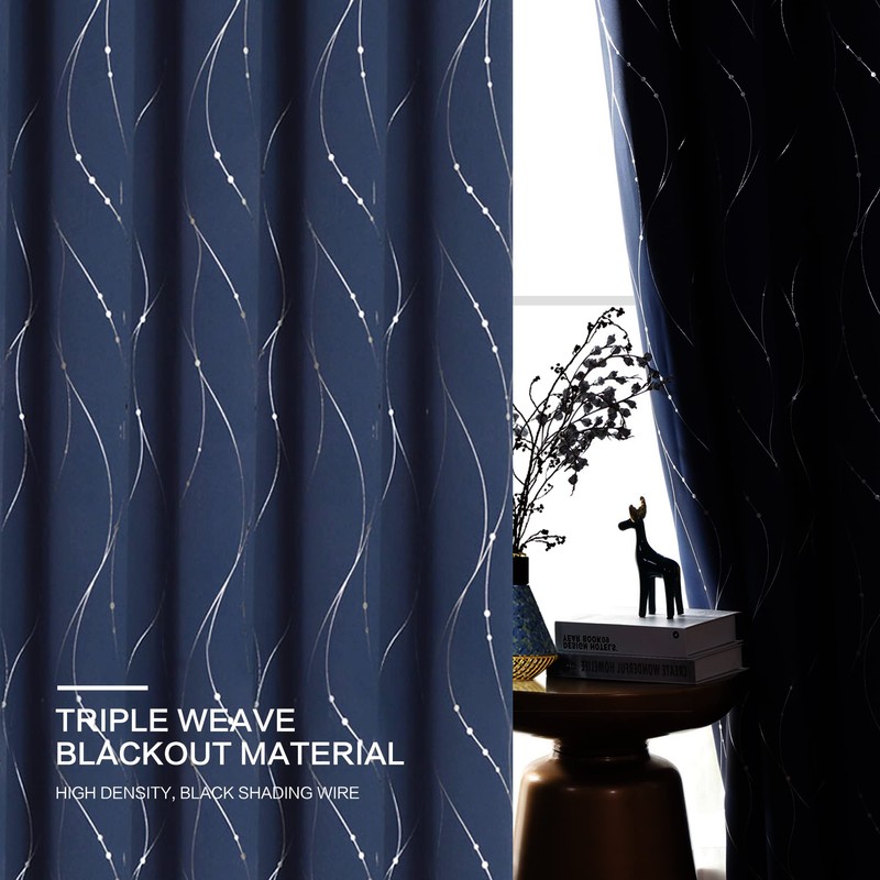 BUHUA Short Blackout Curtains - Silver Wave Pattern, Grommet Top