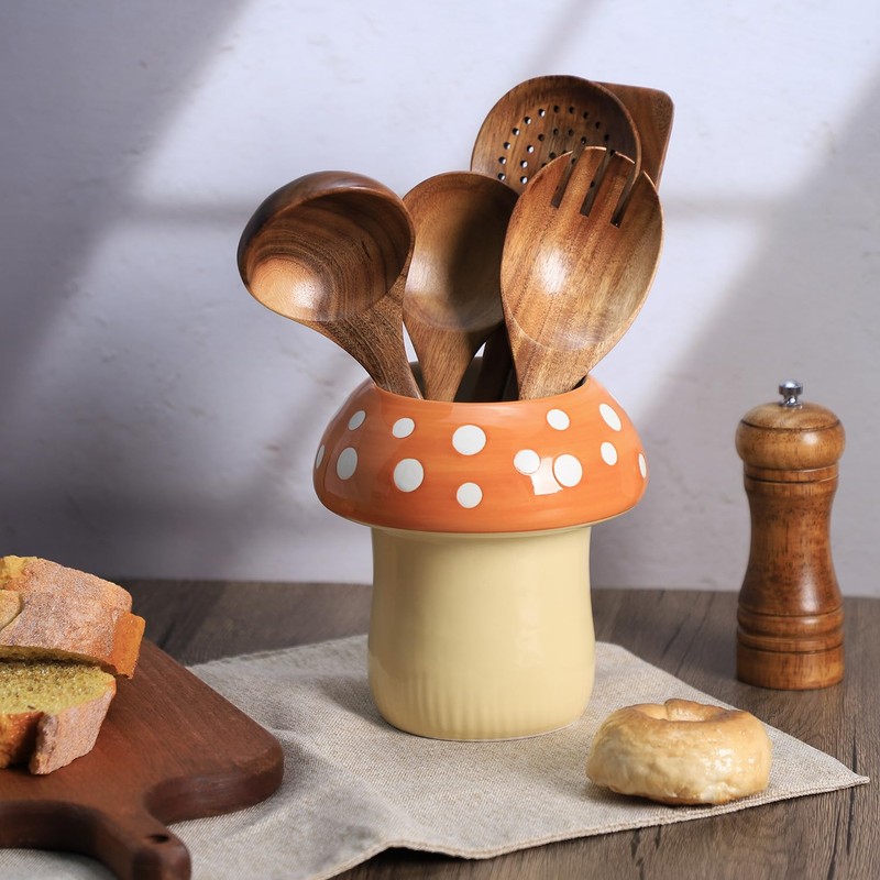 Bicuzat Mushroom Shaped Ceramic Kitchen Utensil Holder, Large Cooking Utensil