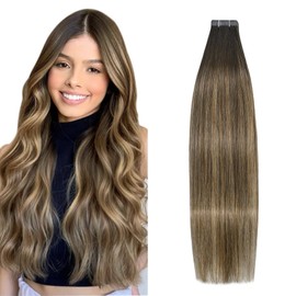 Chocolate Brown To Dark Blonde Ombre Tape in Hair Extensions Human Hair 14Inch 100% Remy Human Hair Extensions for Women 20 Pcs/Package(4T27P4 30g)