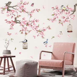 wondever Cherry Blossom Flowers Wall Stickers Pink Floral Branch Birdcage Peel and Stick Wall Art Decals for Living Room Bedroom TV Wall