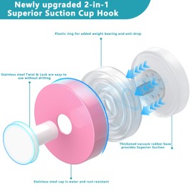 Suction Cup Hooks for Shower,Removable No Drill Towel Hooks,Upgraded 15 lbs Strong Suction Hooks for Bathroom Tile,Shower Wall,Glass Door,Kitchen-Loofah,Coat,Stainless Waterproof-Pink White 2 Pcs