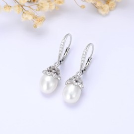 Pearl Earrings 925 Sterling Silver 8 mm 9 mm Freshwater Pearls Hanging Earrings for Women Girls, Sterling Silver